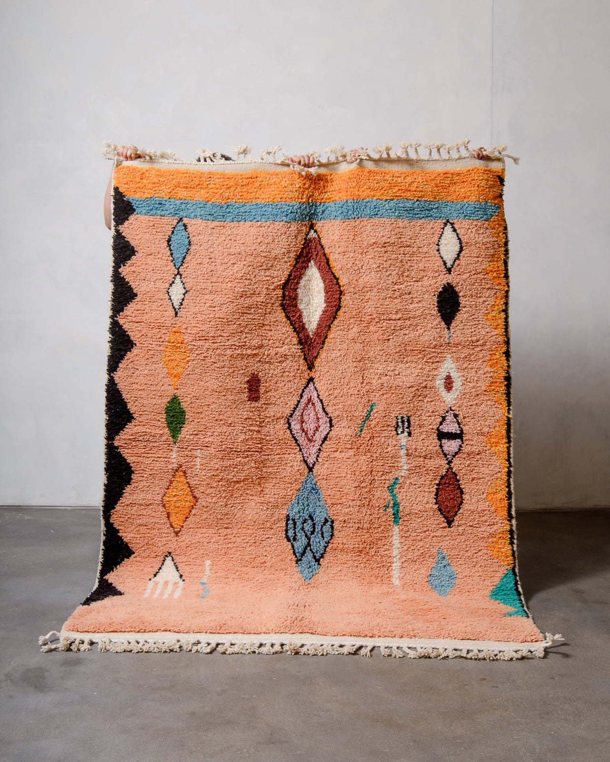 Modern, designer, handcrafted Berber rug from Morocco. Beniourain carpet with beautiful colours and patterns and fluffy wool texture.